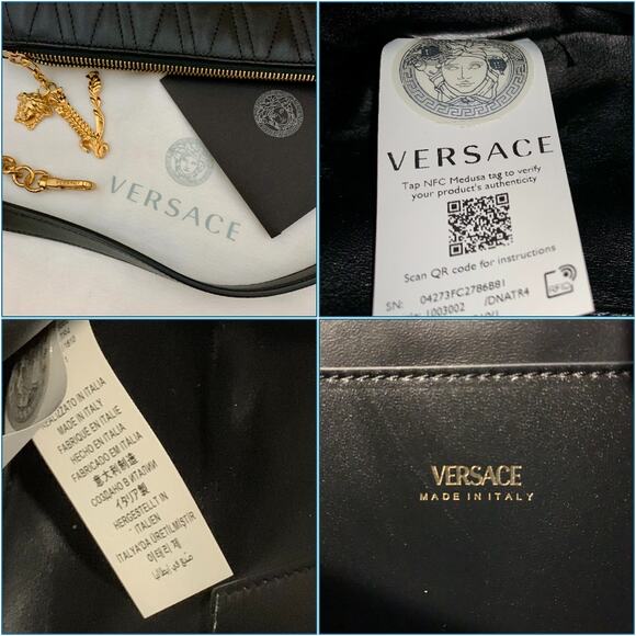 VERSACE Virtus V Bag Black Shoulder Crossbody Clutch Quilted Strap Authentic NEW - Picture 4 of 15